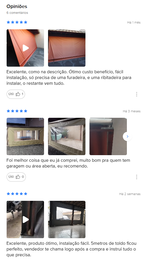 Avaliação de comprador com fotos de toldo instalado
