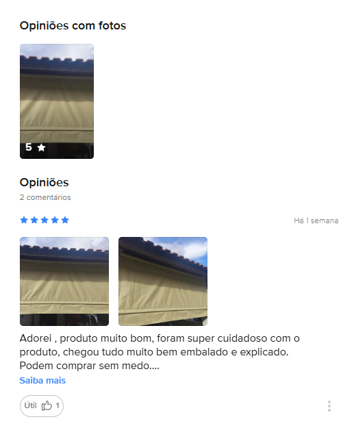 Avaliação de comprador com fotos de toldo instalado