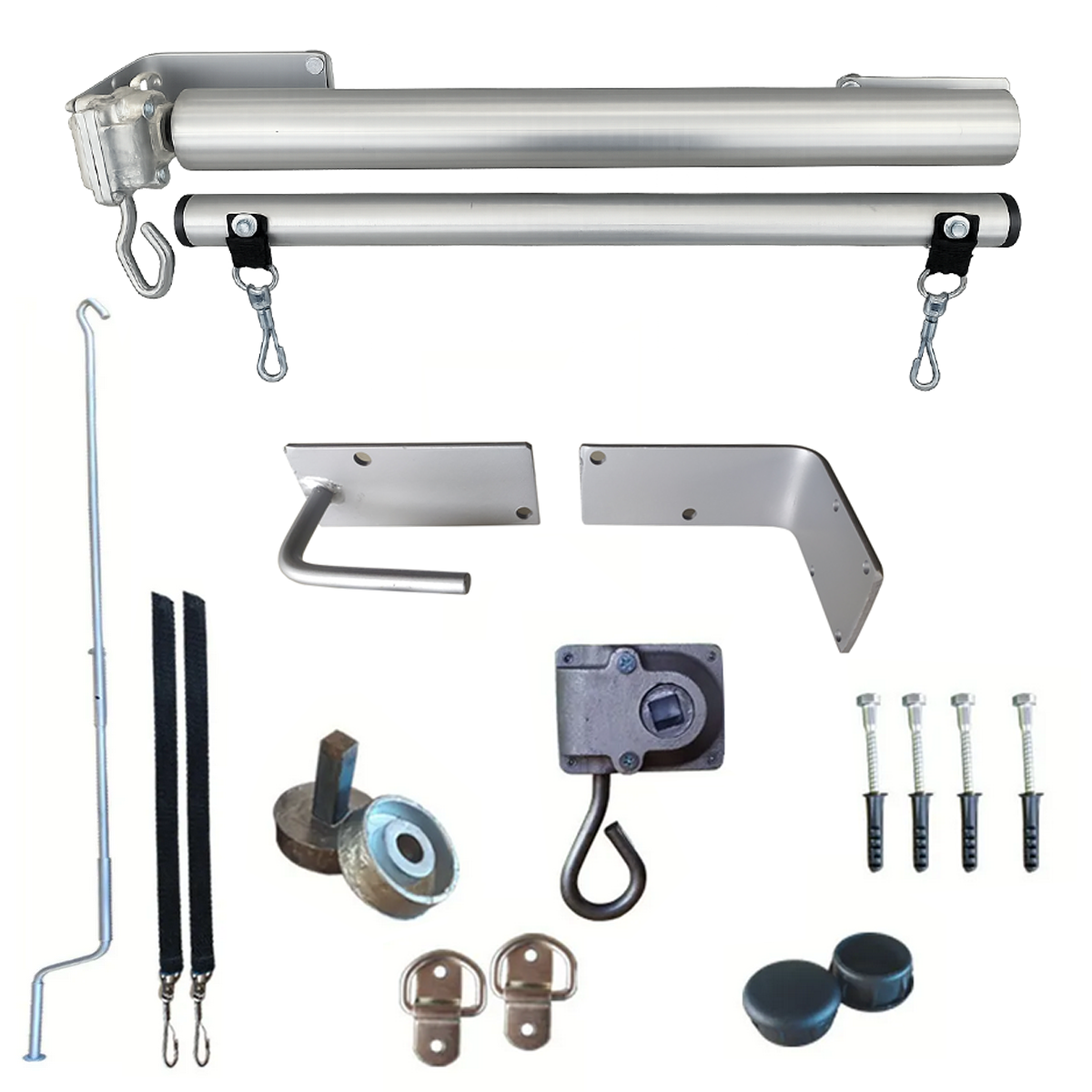 Kit do toldo montado sem a lona, mostrando tubos, catraca, suportes e demais componentes